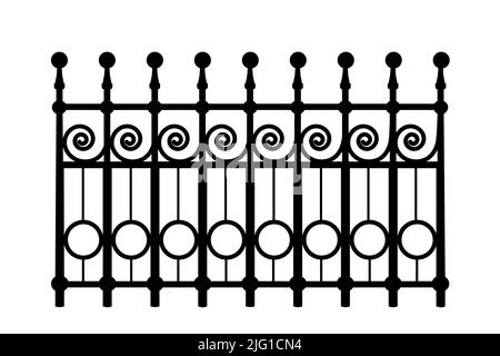 Silhouette de clôture en fonte brute décorative avec forgeage artistique.rambarde en métal.Rail modulaire en acier.porte avec tourbillettes.clôture en treillis forgé.Vector Illustration de Vecteur