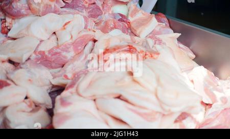 Production moderne de viande hachée. CLP. Mettre un gros morceaux de viande dans un bol en acier inoxydable à l'usine, concept de nourriture Banque D'Images