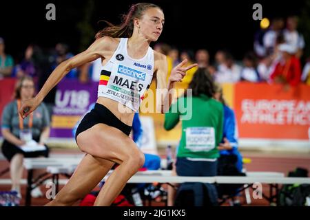 Merel Maes Belge photographié en action lors de l'épreuve de saut en hauteur, au troisième jour des Championnats européens d'athlétisme U18, mardi 05 juillet 2022 à Jérusalem, Israël. BELGA PHOTO COEN SCHILDERMAN Banque D'Images