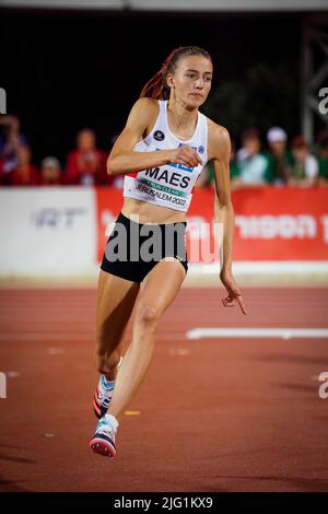 Merel Maes Belge photographié en action lors de l'épreuve de saut en hauteur, au troisième jour des Championnats européens d'athlétisme U18, mardi 05 juillet 2022 à Jérusalem, Israël. BELGA PHOTO COEN SCHILDERMAN Banque D'Images