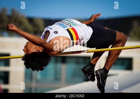 Dai Keita Belge photographiée lors de l'épreuve de saut en hauteur de la compétition de décathlon masculin, au troisième jour des Championnats d'athlétisme européens U18, mardi 05 juillet 2022 à Jérusalem, Israël. BELGA PHOTO COEN SCHILDERMAN Banque D'Images