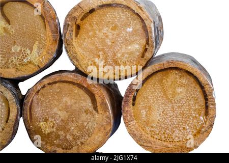Nid d'abeille de ruche d'abeille remplie de miel, thème de produit biologique Banque D'Images
