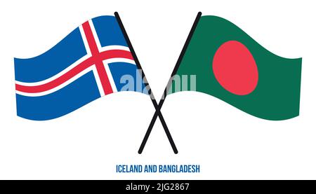 Drapeaux d'Islande et du Bangladesh croisés et ondulés de style plat. Proportion officielle. Corriger les couleurs. Illustration de Vecteur