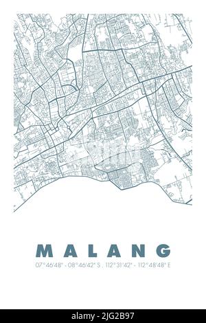 Décoration murale minimaliste avec carte de la ville de Malang. Malang est l'une des villes d'Indonésie Banque D'Images