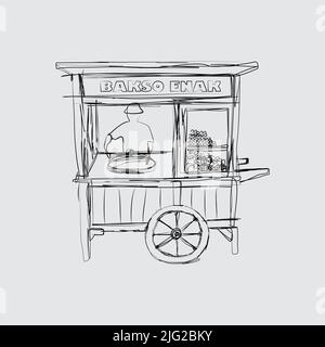 Illustration vectorielle de la trémie alimentaire indonésienne, boulettes de viande, soupe, satay, boissons Illustration de Vecteur