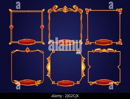 Cadres de jeu vintage d'or, ui, décors carrés médiévaux de métal d'or avec pierres précieuses et boutons rouges. Dessin animé métallique vide bordant de pierres précieuses, éléments de conception isolés de l'interface graphique, ensemble d'illustrations vectorielles Illustration de Vecteur