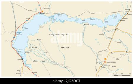 Carte vectorielle du lac Balkhash dans l'est du Kazakhstan Banque D'Images