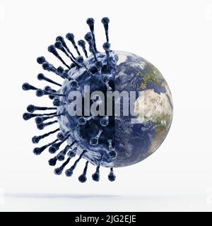 Virus avec globe dans la moitié. Concept de pandémie mondiale. 3D illustration. Banque D'Images