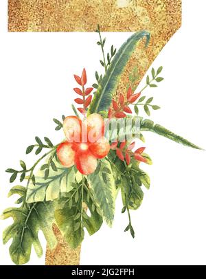 Numéro d'or 7 avec un bouquet d'aquarelle de feuilles tropicales et de fleurs sur un fond blanc isolé. Illustration vectorielle dessinée à la main Illustration de Vecteur