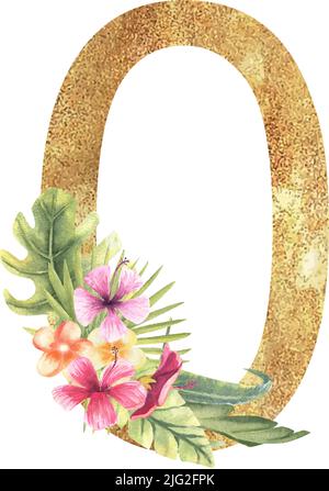 Numéro d'or 0 avec un bouquet d'aquarelle de feuilles tropicales et de fleurs sur un fond blanc isolé. Illustration vectorielle dessinée à la main Illustration de Vecteur