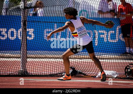 Dai Keita Belge photographiée en action pendant l'épreuve de projection discus masculin, au quatrième jour des Championnats d'athlétisme européens U18, mardi 05 juillet 2022 à Jérusalem, Israël. BELGA PHOTO COEN SCHILDERMAN Banque D'Images