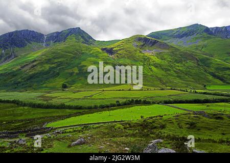 Le Nant Ffrancon est une vallée glaciaire escarpée entre les monts Glyderau et Carneddau de Snowdonia. Foel Goch est en arrière-plan. Banque D'Images