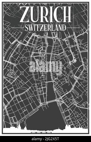 Affiche de la ville imprimée en noir avec vue panoramique et rues dessinées à la main sur fond gris foncé du centre-ville DE ZURICH, EN SUISSE Illustration de Vecteur