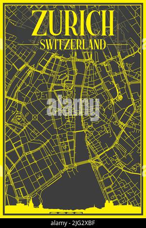 Affiche de ville imprimée en jaune avec vue panoramique et rues dessinées à la main sur fond gris foncé du centre DE ZURICH, SUISSE Illustration de Vecteur