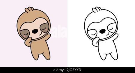 Set Clipart Sloth multicolore et noir et blanc. Kawaii clip Art Sloth. Illustration vectorielle d'un animal kawaii pour des imprimés pour vêtements, autocollants Illustration de Vecteur