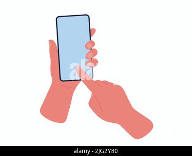 Main tenant le téléphone mobile, doigt touchant l'écran.Illustration du dessin animé Vector Illustration de Vecteur