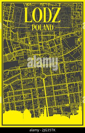 Affiche de ville imprimée en jaune avec vue panoramique et rues dessinées à la main sur fond gris foncé du centre-ville DE LODZ, EN POLOGNE Illustration de Vecteur