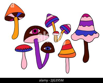 Illustration clipart dessinée à la main avec des champignons hippie groovy aux couleurs rouge bleu-violet orange. Style rétro vintage 1960s 1970s, arrière-plan sauvage trippy lumineux avec des éléments hypnotiques hallucinants Banque D'Images