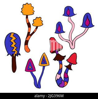 Illustration clipart dessinée à la main avec des champignons hippie groovy aux couleurs rouge bleu-violet orange. Style rétro vintage 1960s 1970s, arrière-plan sauvage trippy lumineux avec des éléments hypnotiques hallucinants Banque D'Images