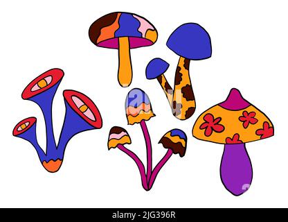 Illustration clipart dessinée à la main avec des champignons hippie groovy aux couleurs rouge bleu-violet orange. Style rétro vintage 1960s 1970s, arrière-plan sauvage trippy lumineux avec des éléments hypnotiques hallucinants Banque D'Images