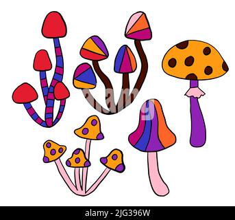 Illustration clipart dessinée à la main avec des champignons hippie groovy aux couleurs rouge bleu-violet orange. Style rétro vintage 1960s 1970s, arrière-plan sauvage trippy lumineux avec des éléments hypnotiques hallucinants Banque D'Images