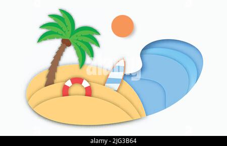 Fond de plage de papier découpé avec arbre de noix de coco, soleil, Lifebuoy, surf. Illustration de Vecteur