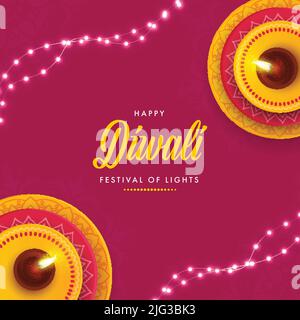 Carte de vœux Happy Diwali avec vue sur le dessus des lampes à huile allumées (Diya) et guirlande lumineuse décorée sur fond rose. Illustration de Vecteur