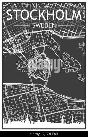 Affiche de la ville imprimée en noir avec vue panoramique et rues dessinées à la main sur fond gris foncé du centre-ville DE STOCKHOLM, EN SUÈDE Illustration de Vecteur