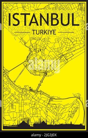 Affiche dorée avec vue panoramique sur la ville et rues dessinées à la main sur fond jaune et noir du centre-ville D'ISTANBUL, TURKIYE Illustration de Vecteur