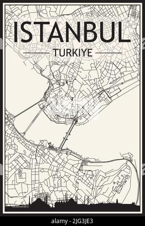 Affiche de ville à imprimé lumineux avec vue panoramique sur la ville et rues dessinées à la main sur fond beige vintage du centre D'ISTANBUL, TURKIYE-TURQUIE Illustration de Vecteur
