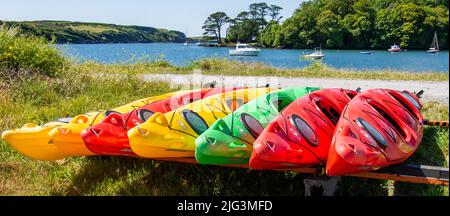 Kayaks rouges, jaunes, verts tirés dans une file Banque D'Images