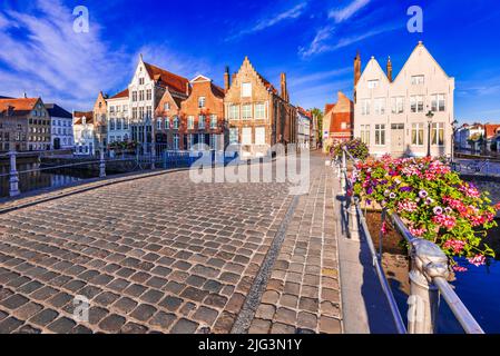 Bruges, Belgique. Paysage ensoleillé avec de belles maisons sur le canal de Spiegelrei, célèbre monument de Flandre. Banque D'Images