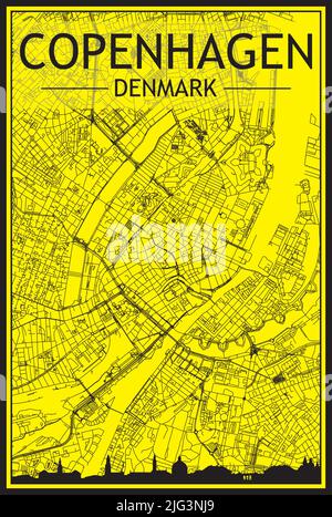 Affiche dorée avec vue panoramique sur la ville et rues dessinées à la main sur fond jaune et noir du centre-ville DE COPENHAGUE, DANEMARK Illustration de Vecteur