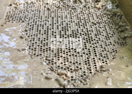 Tamis métallique à trous ronds pour nettoyer l'eau sale des petites pierres. Processus de nettoyage des pierres et de l'argile Banque D'Images