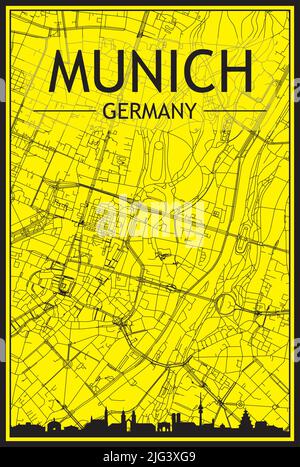 Affiche dorée avec vue panoramique sur la ville et rues dessinées à la main sur fond jaune et noir du centre-ville DE MUNICH, EN ALLEMAGNE Illustration de Vecteur