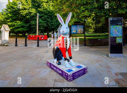 'H R Hare', une sculpture d'Amanda Quellin dans les lièvres du Hampshire, circuit d'art public d'été par le musée de la ville de Winchester, la place, Winchester Banque D'Images