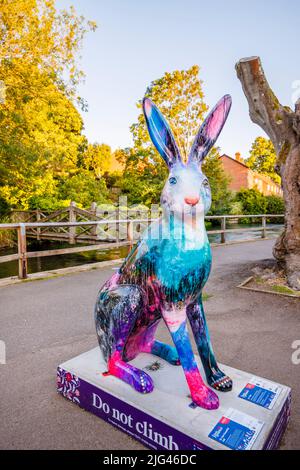 'Soyez votre beau soi', une sculpture colorée de Jenny Muncaster dans le cadre de la piste d'art public d'été de Hares of Hampshire dans les Weirs, Winchester Banque D'Images