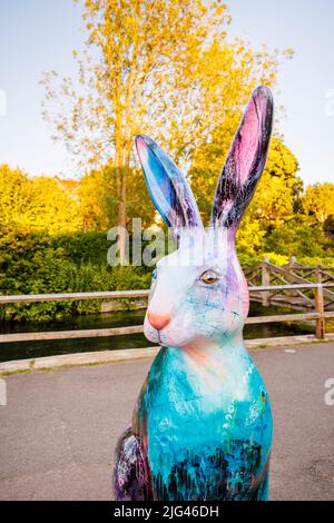 'Soyez votre beau soi', une sculpture colorée de Jenny Muncaster dans le cadre de la piste d'art public d'été de Hares of Hampshire dans les Weirs, Winchester Banque D'Images