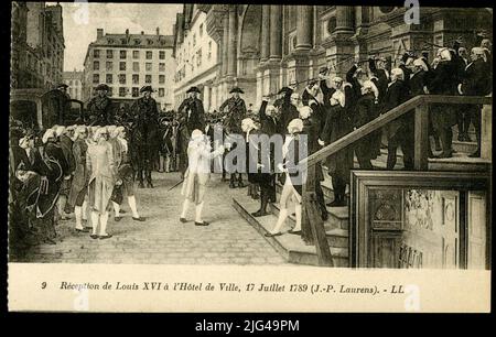 9 réception de Louis XVI à l'hôtel de ville, 17 juillet 1789. Classification raisonnée: La carte postale reproduit le tableau de Jean-Paul Laurens (1838-1921) qui représente la réception de Louis XVI (1754-1793) au Conseil de Paris par Jean Sylvain Bailly (1736-1793), le premier maire de Paris, sur 17 juillet 1789. Il est frappant que l'artiste place le maire un pas au-dessus du roi. Français Jean-Paul Laurens était l'un des derniers exposants de la peinture académique et d'histoire. Il jouissait d'une grande popularité pendant la troisième république. Son travail prolifique et le rôle qu'il a joué dans les institutions artistiques Banque D'Images