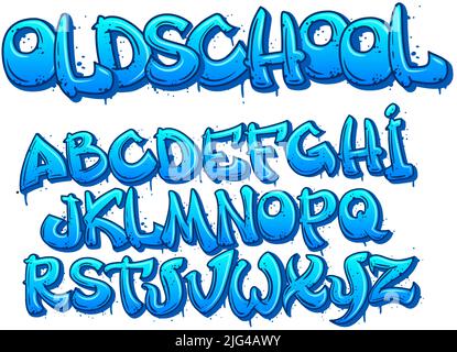 Police graffiti Old School. Lettres majuscules de l'alphabet de dessin animé dans le style art de rue avec taches de peinture et effet de profondeur, texte urbain designer vecteur Illustration de Vecteur
