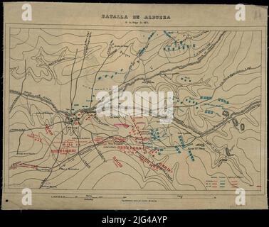 Bataille de l'Albuera : 16 mai 1811. Le relief manuscrit à encre noire, bleue et rouge représenté par des courbes de niveau avec équidistance entre les courbes de 20 mètres relation des positions des armées espagnoles, françaises, anglaises et portugaises indiqué par la touche numérique indique les différentes positions et mouvements des armées à travers les flèches Banque D'Images