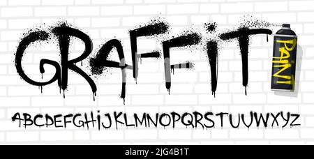 Police graffiti vaporisée. Lettrage mural urbain, texte d'art urbain avec effet de texture de peinture pulvérisée et jeu de vecteur de lettres majuscules de gringe Illustration de Vecteur