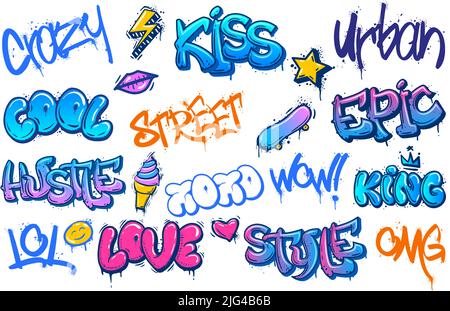 Lettrage Street art. Des graffitis urbains fous, des inscriptions de culture de rues et un jeu de vecteurs de gribouillage frais pour les adolescents Illustration de Vecteur