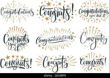 Texte de félicitations. Félicitations lettrage et congrats inscription calligraphique pour les affiches de célébration. Ensemble de vecteurs de mots manuscrits Illustration de Vecteur