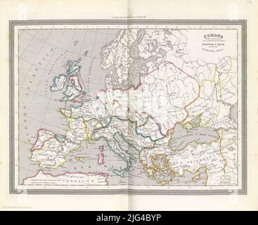 Europe : de 400 à 500, époque de l'invasion des bares. Meridian diplômé marges d'origine: Madrid relief par réseau hydrographique normal les divisions administratives délimitées par des lignes de couleur toponymie des principaux centres de population indiquent: L'Espericion des Huns sous le commandement d'Attila et l'Espericion des Vandalos et des Alans exprimés en autres Banque D'Images