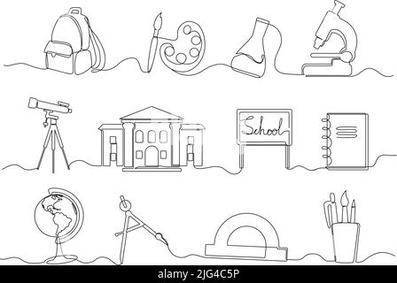 Une ligne continue de fournitures scolaires. Sac à dos minimaliste dessiné à la main, bâtiment d'école et globe. Jeu d'illustrations vectorielles pour l'éducation Illustration de Vecteur