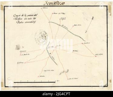 Croquis de la position de Tomelloso avec tous les peuples Sircunvesino [carte]. Il comprend la partie orientale de la province de Ciudad Real et les termes municipaux de Villabledo et d'Ossa de Montiel dans la province d'Albacete mention de responsabilité prise du sceau estampillé de la date de l'entité susmentionnée prise du catalogue de la SGE: 'Castilla la Nueva. Provinces de Tolède, Ciudad Real, Cuenca et Guadalajara. Dix-septième à dix-neuvième siècles ', p. 253 échelle graphique de 6 ligues [= 10'4 cm], ayant pris pour son calcul ceux de 20 à grade. Orienté avec le sil indique les routes amon Banque D'Images