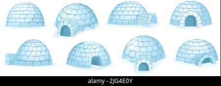 Igloo de dessin animé. Cabane à neige, maison d'hiver construite de neige et d'abri arctique de différents angles ensemble vectoriel Illustration de Vecteur
