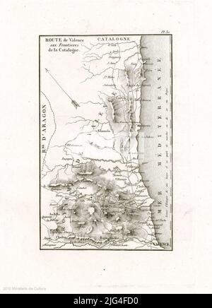 Route de Valence aux frontières de la Catalogne: [Carte itinéraires]. Grugeage : ombré avec un Banque D'Images