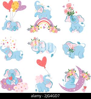 Éléphants amoureux. Ensemble romantique animal mignon, éléphant avec formes de coeur et fleurs vectorielles Illustration de Vecteur